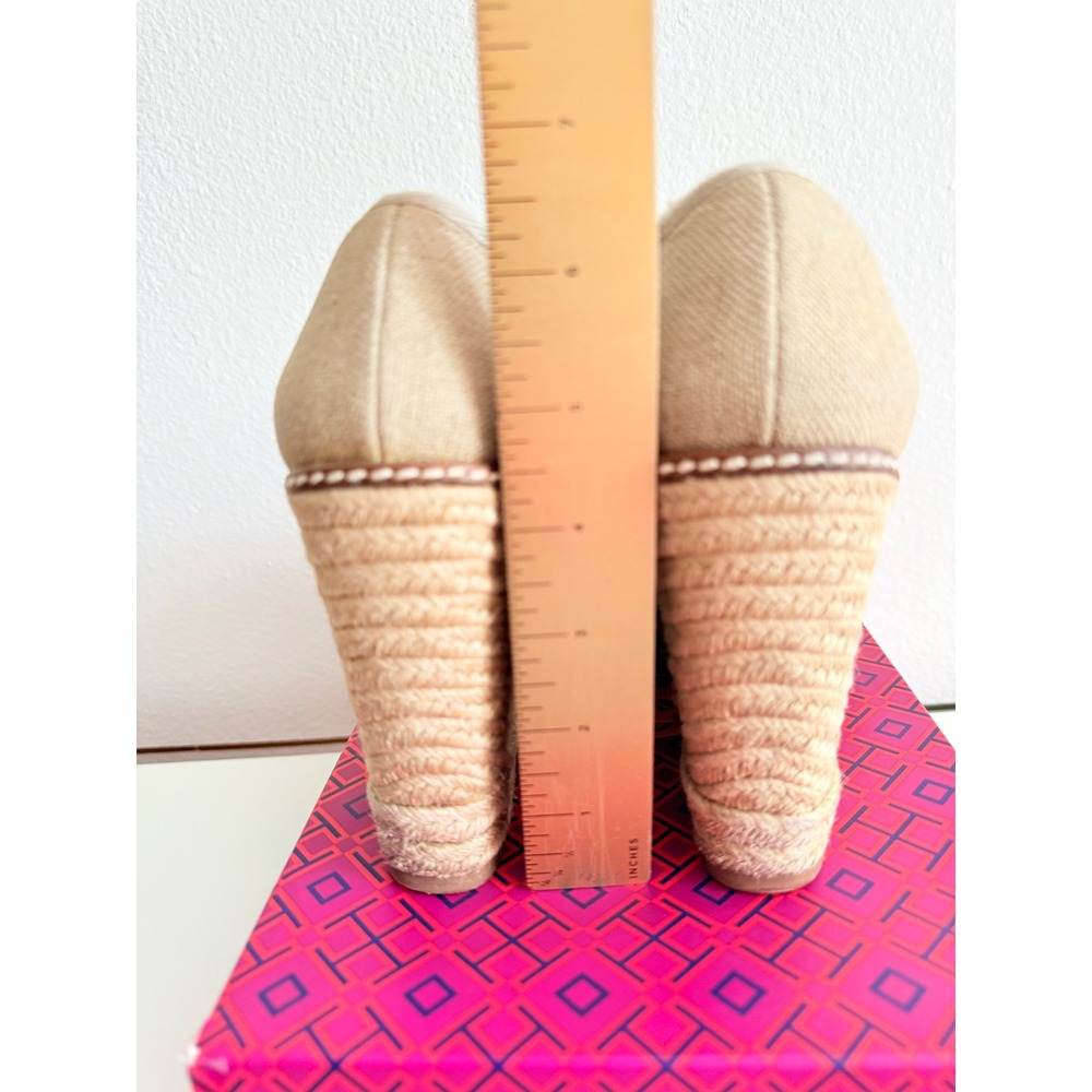 Tory Burch Logo Jackie Espadrille Wedge Sandals Gold Canvas Peep Toe Bow 9 B - Picture 5 of 7